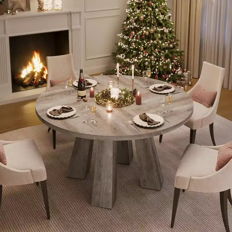 Round Dining Table for 4-6, 47 Wood Kitchen Dinner Table with Sturdy Base Pedestal for Living Room, Apartment