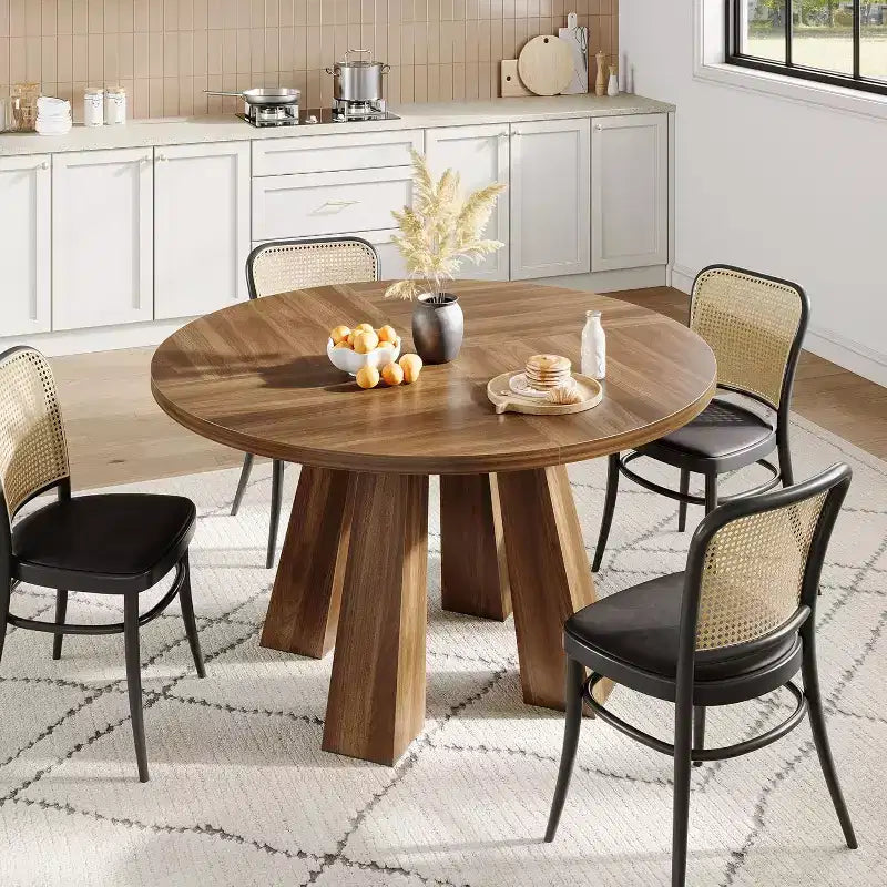 Round Dining Table for 4-6, 47 Wood Kitchen Dinner Table with Sturdy Base Pedestal for Living Room, Apartment