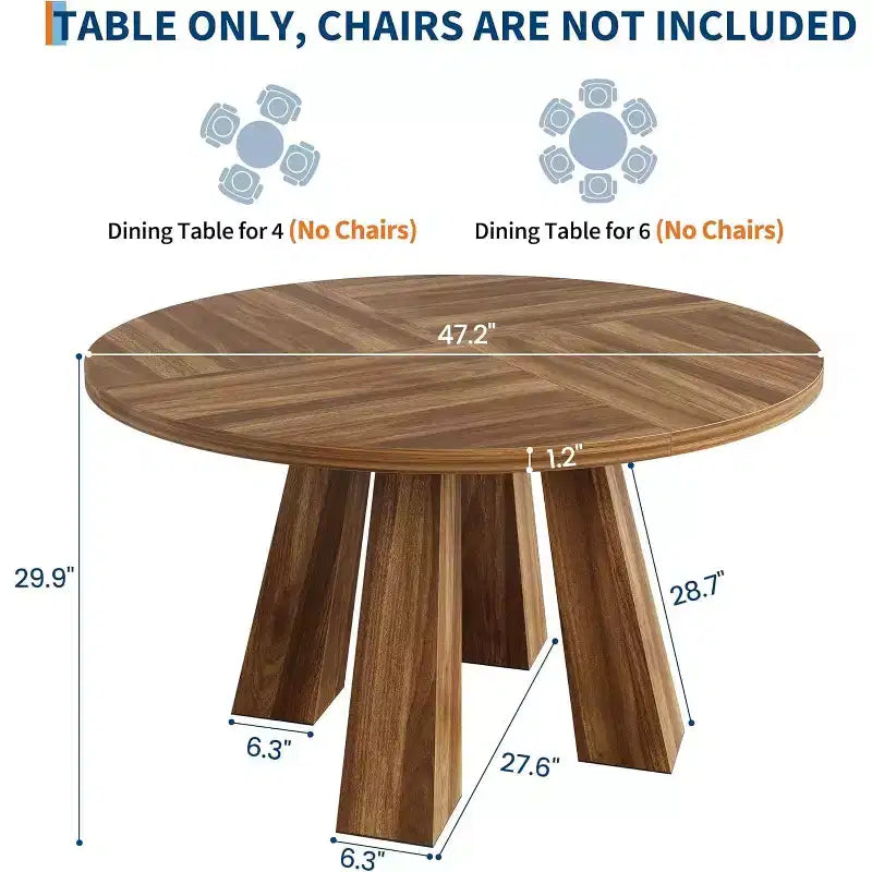 Round Dining Table for 4-6, 47 Wood Kitchen Dinner Table with Sturdy Base Pedestal for Living Room, Apartment
