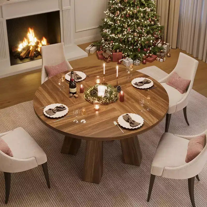 Round Dining Table for 4-6, 47 Wood Kitchen Dinner Table with Sturdy Base Pedestal for Living Room, Apartment