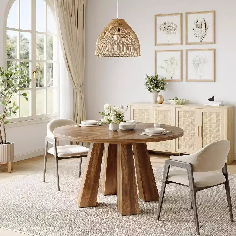 Round Dining Table for 4-6, 47 Wood Kitchen Dinner Table with Sturdy Base Pedestal for Living Room, Apartment