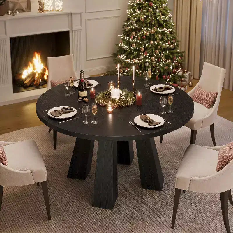 Round Dining Table for 4-6, 47 Wood Kitchen Dinner Table with Sturdy Base Pedestal for Living Room, Apartment