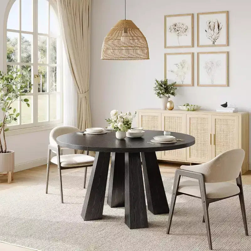 Round Dining Table for 4-6, 47 Wood Kitchen Dinner Table with Sturdy Base Pedestal for Living Room, Apartment