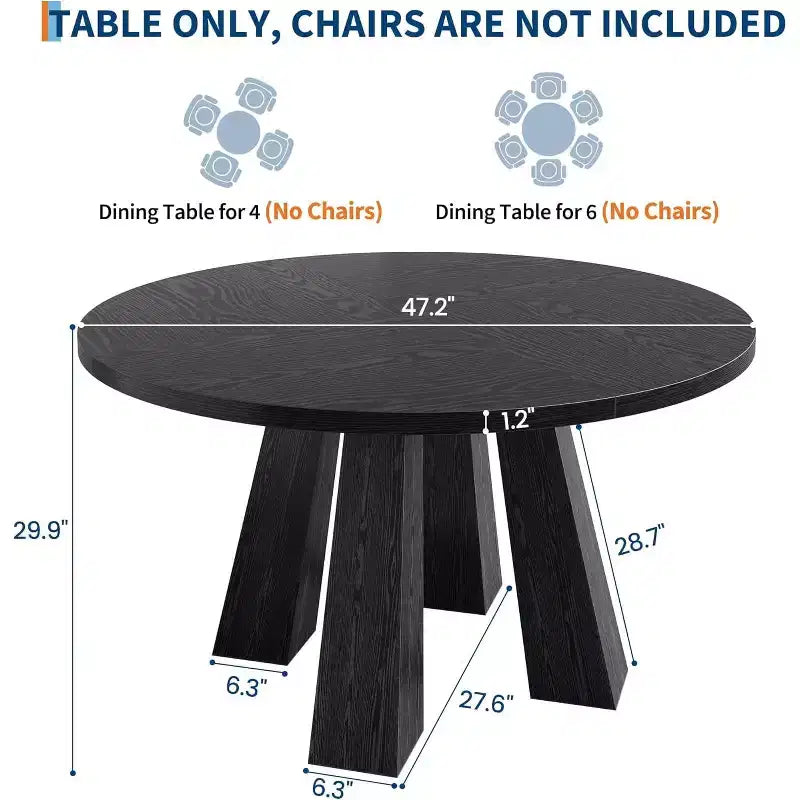 Round Dining Table for 4-6, 47 Wood Kitchen Dinner Table with Sturdy Base Pedestal for Living Room, Apartment