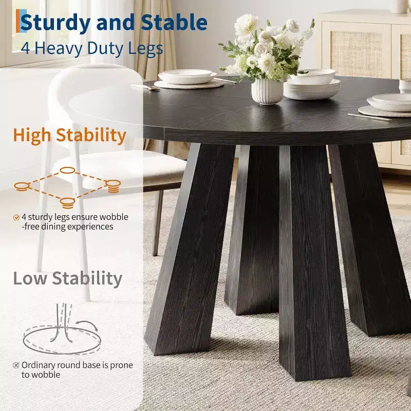 Round Dining Table for 4-6, 47 Wood Kitchen Dinner Table with Sturdy Base Pedestal for Living Room, Apartment