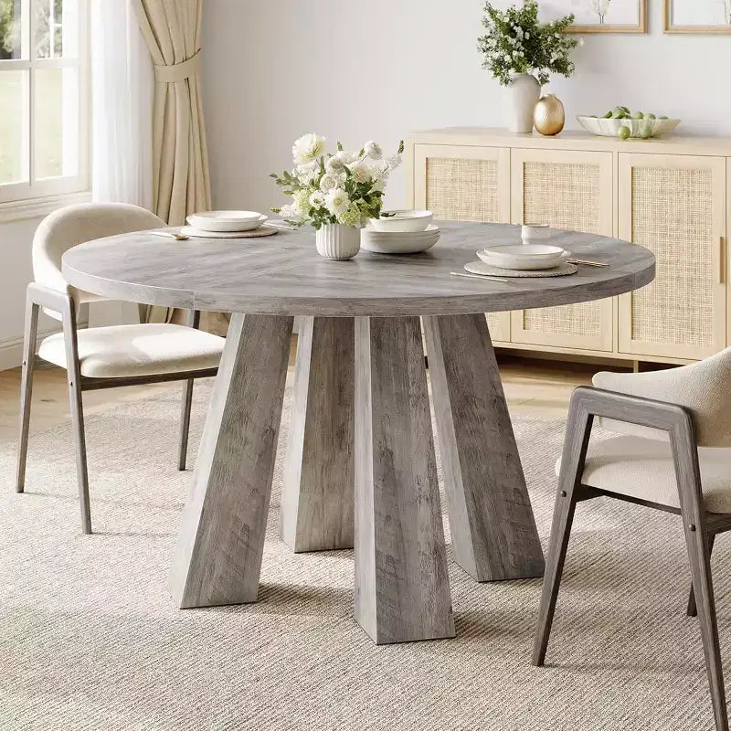 Round Dining Table for 4-6, 47 Wood Kitchen Dinner Table with Sturdy Base Pedestal for Living Room, Apartment