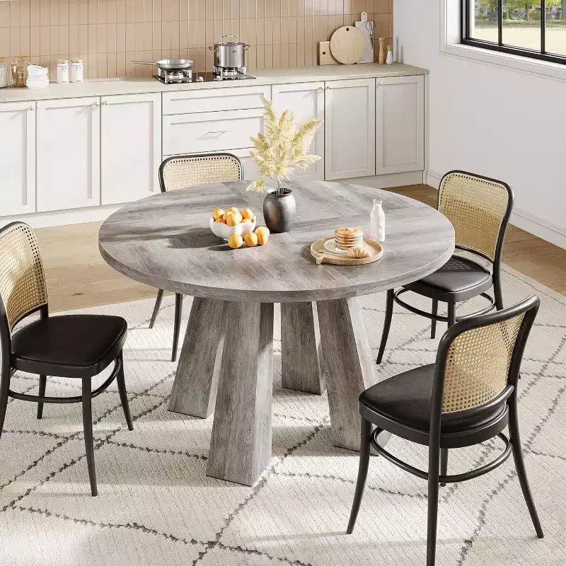 Round Dining Table for 4-6, 47 Wood Kitchen Dinner Table with Sturdy Base Pedestal for Living Room, Apartment