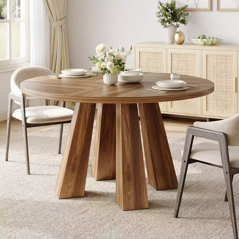 Round Dining Table for 4-6, 47 Wood Kitchen Dinner Table with Sturdy Base Pedestal for Living Room, Apartment