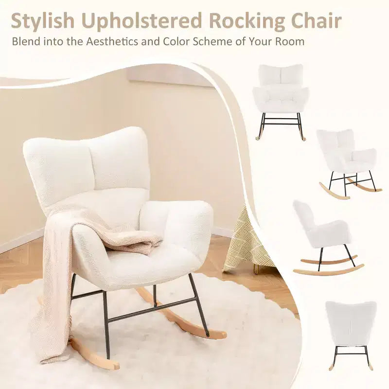 Nursery Rocking Chair with Teddy Fleece Upholstery and Solid Wood Base, Ergonomic Glider