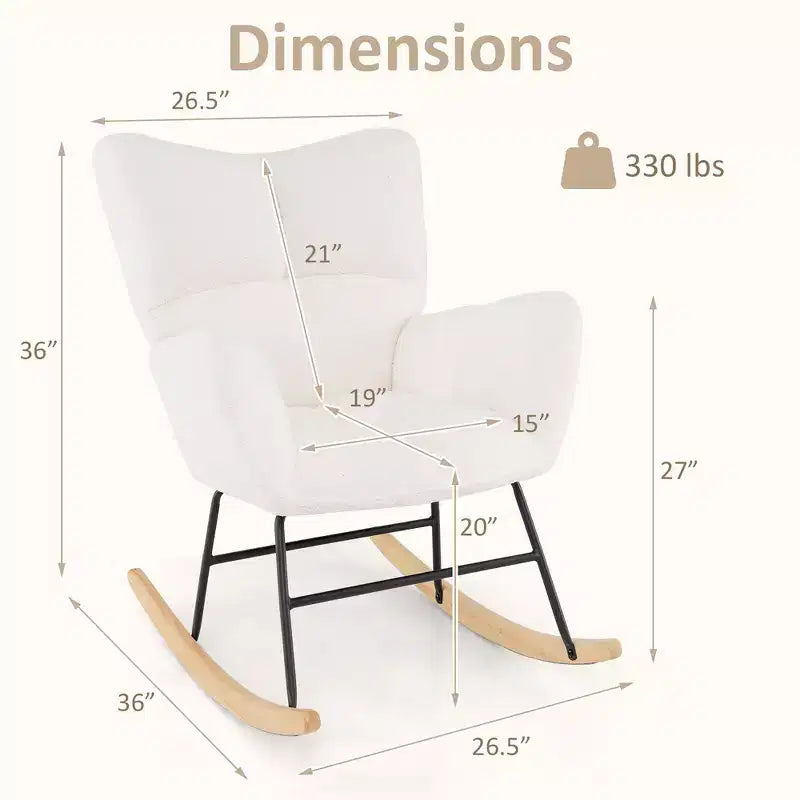 Nursery Rocking Chair with Teddy Fleece Upholstery and Solid Wood Base, Ergonomic Glider