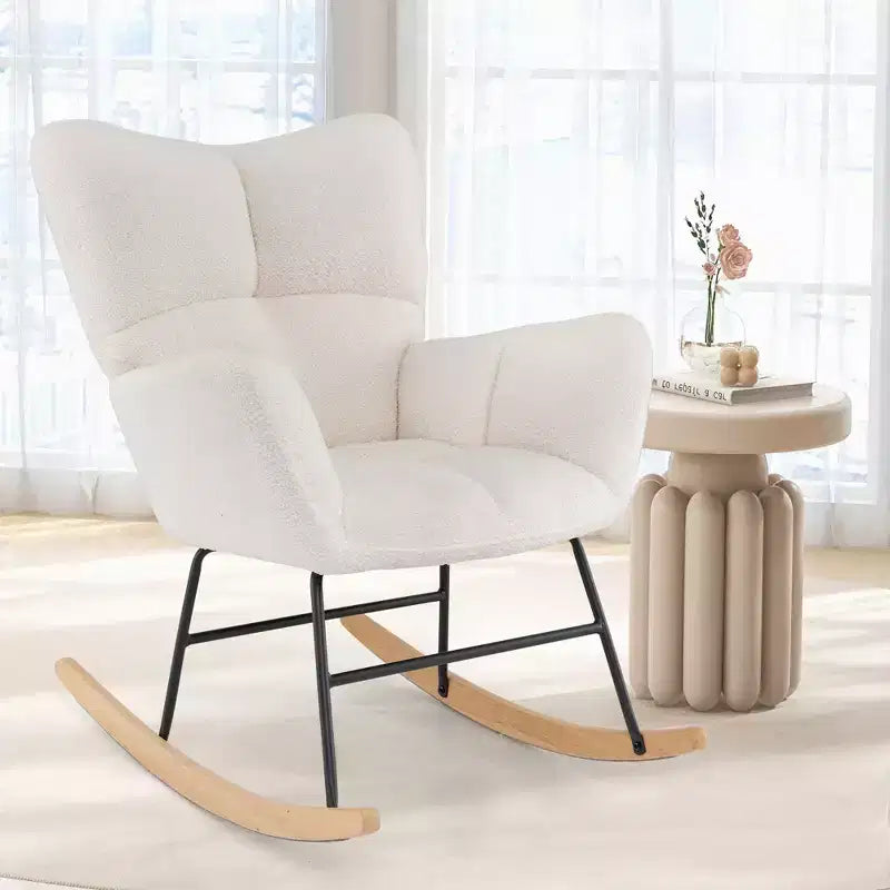 Nursery Rocking Chair with Teddy Fleece Upholstery and Solid Wood Base, Ergonomic Glider
