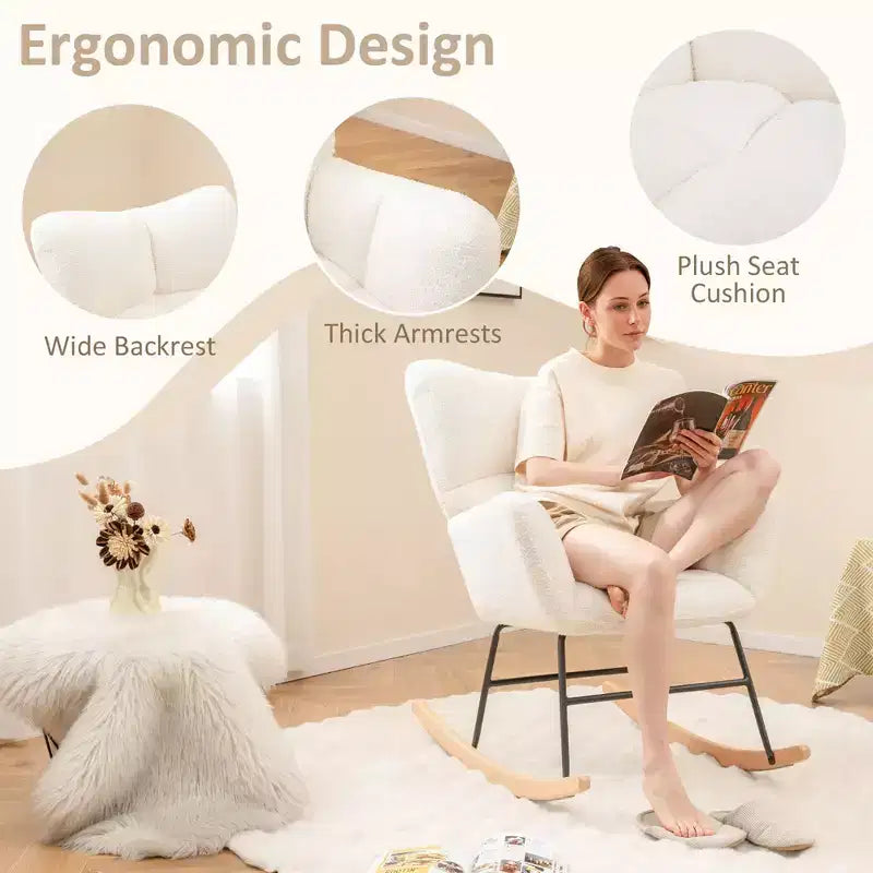 Nursery Rocking Chair with Teddy Fleece Upholstery and Solid Wood Base, Ergonomic Glider