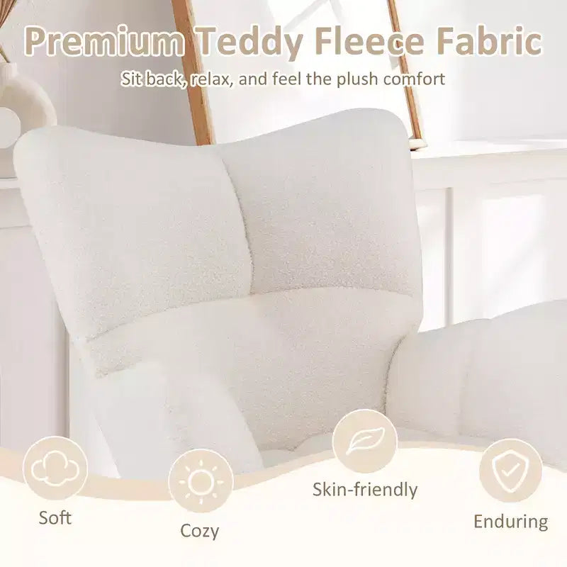 Nursery Rocking Chair with Teddy Fleece Upholstery and Solid Wood Base, Ergonomic Glider