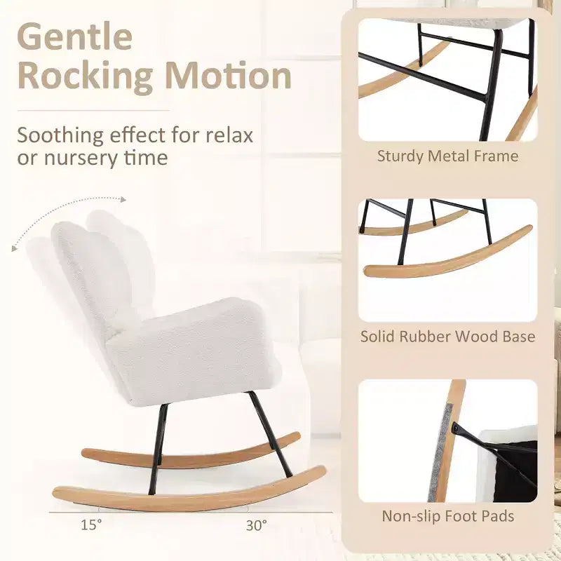 Nursery Rocking Chair with Teddy Fleece Upholstery and Solid Wood Base, Ergonomic Glider