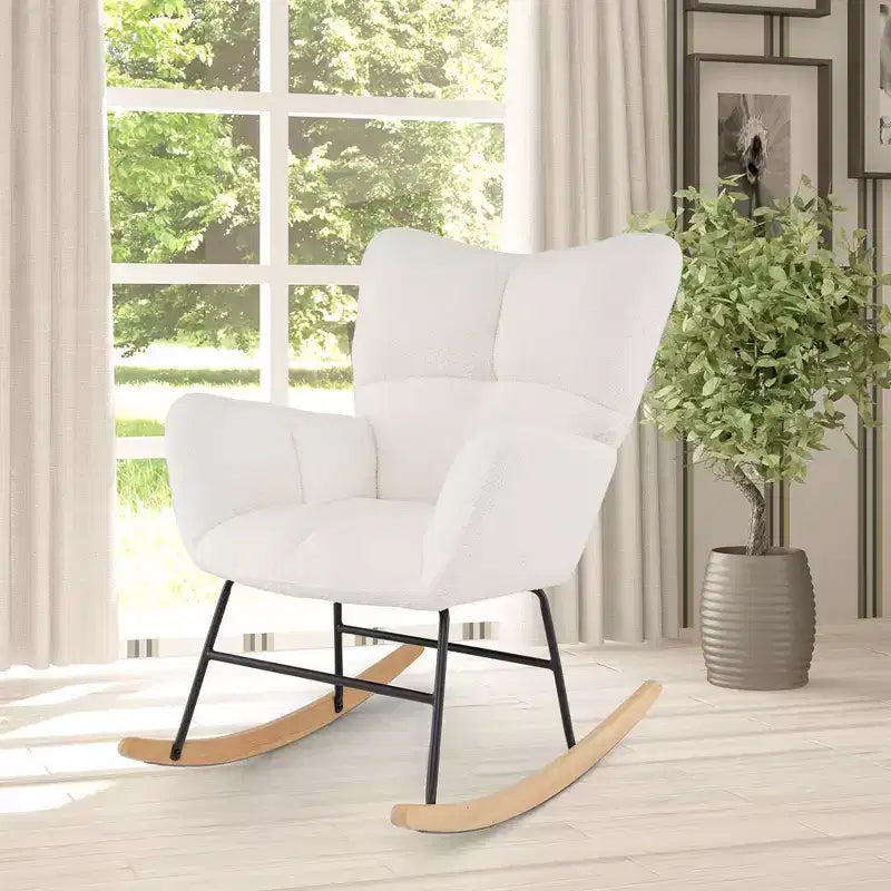 Nursery Rocking Chair with Teddy Fleece Upholstery and Solid Wood Base, Ergonomic Glider