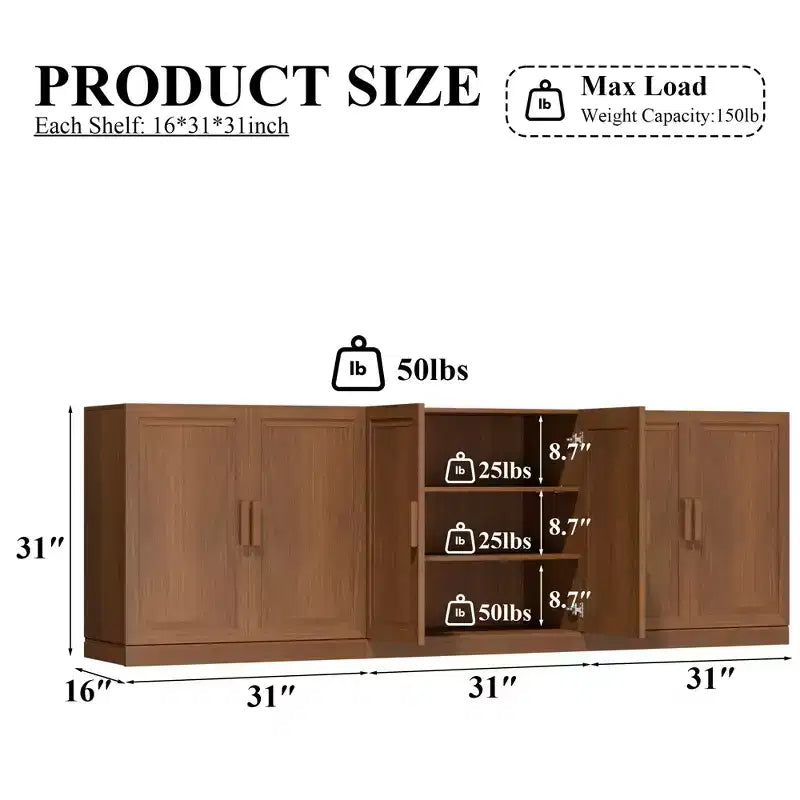 3-Door Sideboard Buffet Storage Cabinet with Adjustable Shelves, Modular Wooden Design