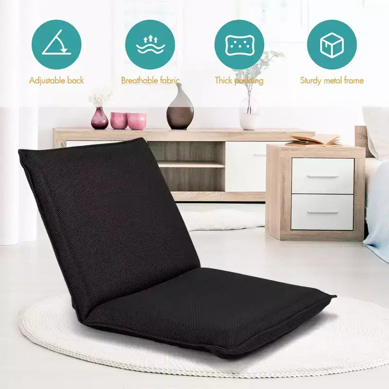 Adjustable Floor Chair with 6-Position Backrest, Cushioned Lounger Recliner, Black