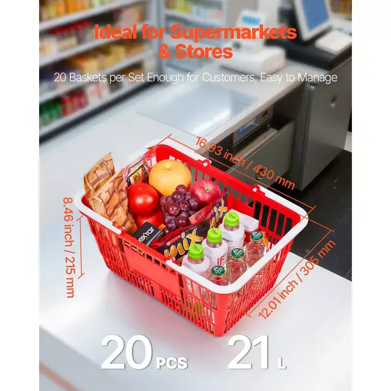 Set van 20 stapelbare PE plastic boodschappenkorven met handvatten, 21L, draagvermogen 20 lbs, rood