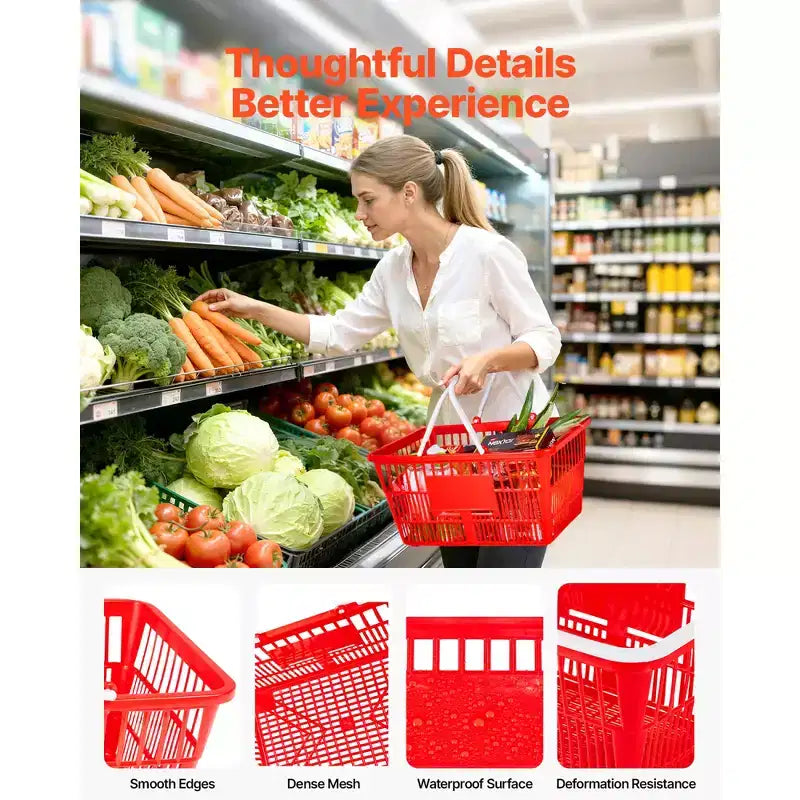 Set van 20 stapelbare PE plastic boodschappenkorven met handvatten, 21L, draagvermogen 20 lbs, rood
