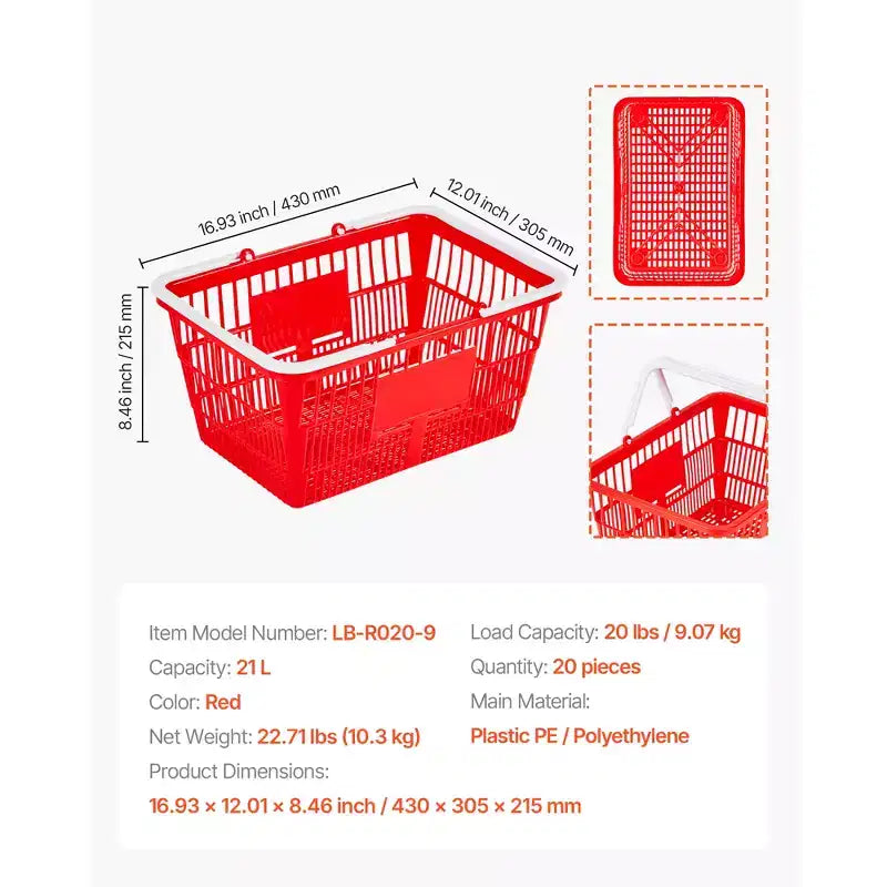 Set van 20 stapelbare PE plastic boodschappenkorven met handvatten, 21L, draagvermogen 20 lbs, rood