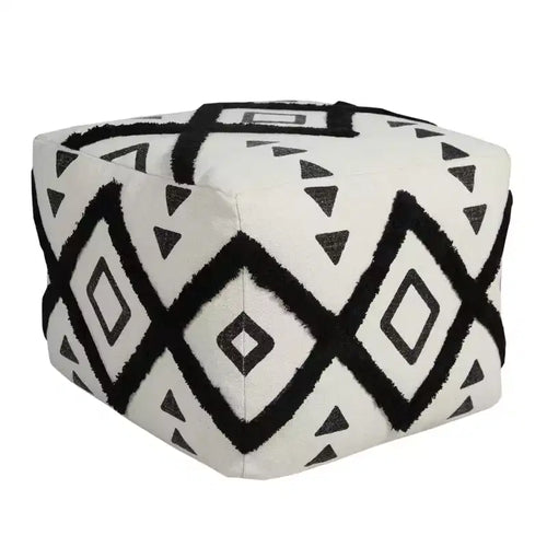 HomeRoots 18 White Cotton Geometric Pouf Ottoman