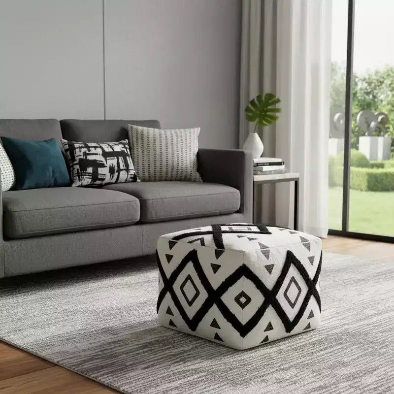 18-Inch White Cotton Geometric Pouf Ottoman, Versatile Footrest or Extra Seat
