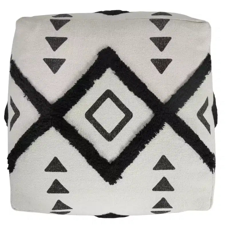 18-Inch White Cotton Geometric Pouf Ottoman, Versatile Footrest or Extra Seat