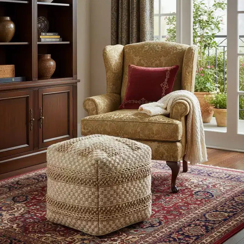 18-Inch Tan Striped Jute Pouf Ottoman, 300 lbs Capacity, No Assembly Required
