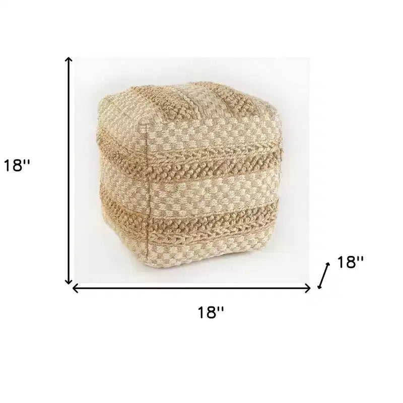 18-Inch Tan Striped Jute Pouf Ottoman, 300 lbs Capacity, No Assembly Required
