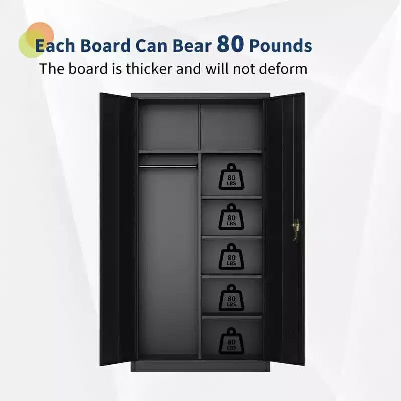 Heavy-Duty Steel Wardrobe Storage Cabinet with Locking Door, Adjustable Shelves and Hanging Rod, Black