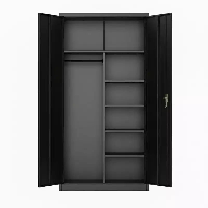 Heavy-Duty Steel Wardrobe Storage Cabinet with Locking Door, Adjustable Shelves and Hanging Rod, Black