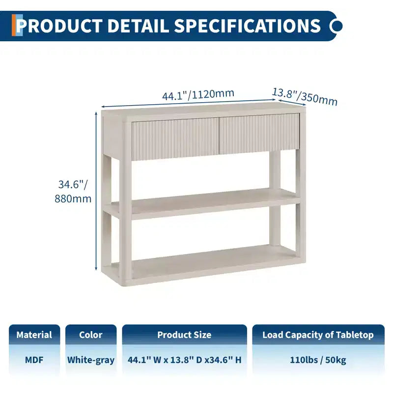 44-Inch Fluted Console Table with 2 Drawers and Open Shelves, Narrow Entryway Sofa Table
