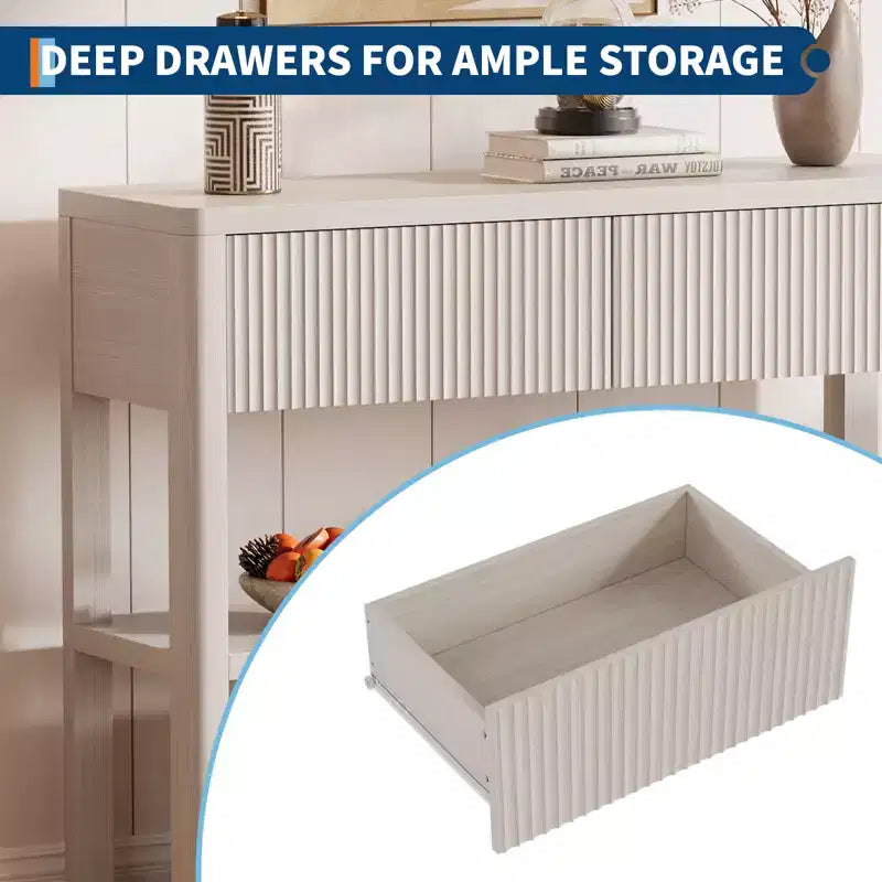 44-Inch Fluted Console Table with 2 Drawers and Open Shelves, Narrow Entryway Sofa Table