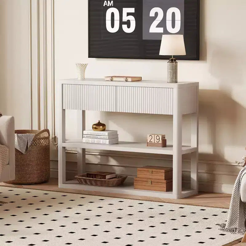 44-Inch Fluted Console Table with 2 Drawers and Open Shelves, Narrow Entryway Sofa Table