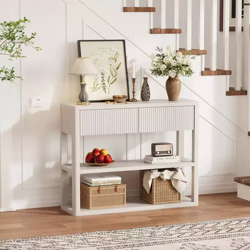 44-Inch Fluted Console Table with 2 Drawers and Open Shelves, Narrow Entryway Sofa Table