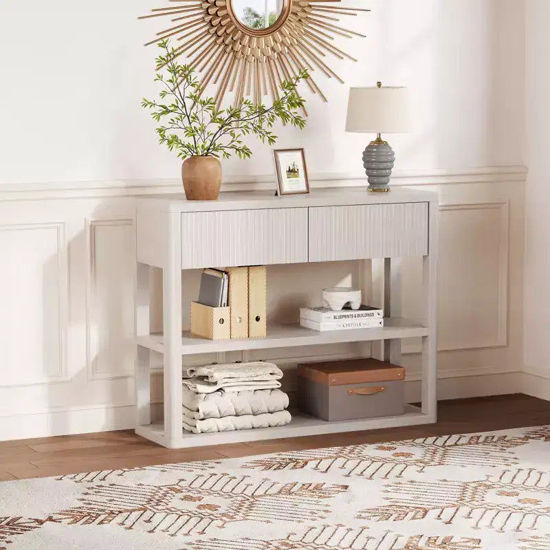 44-Inch Fluted Console Table with 2 Drawers and Open Shelves, Narrow Entryway Sofa Table