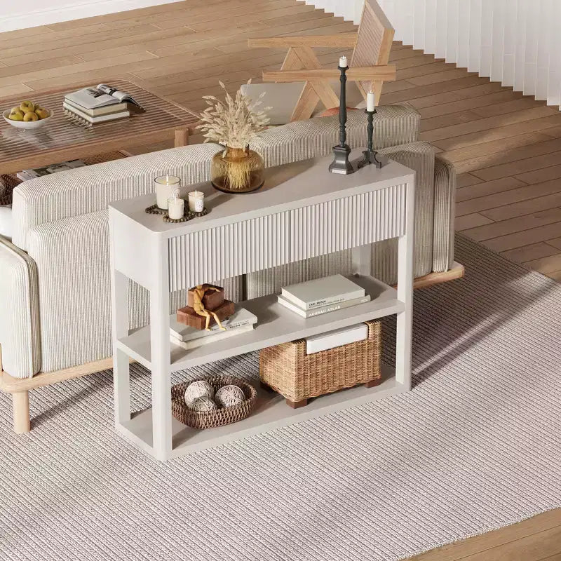 44-Inch Fluted Console Table with 2 Drawers and Open Shelves, Narrow Entryway Sofa Table