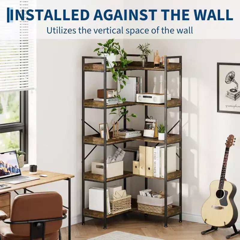 5-Tier Modular Corner Bookshelf with 14 Open Shelves, Steel Frame, 2-in-1 Design