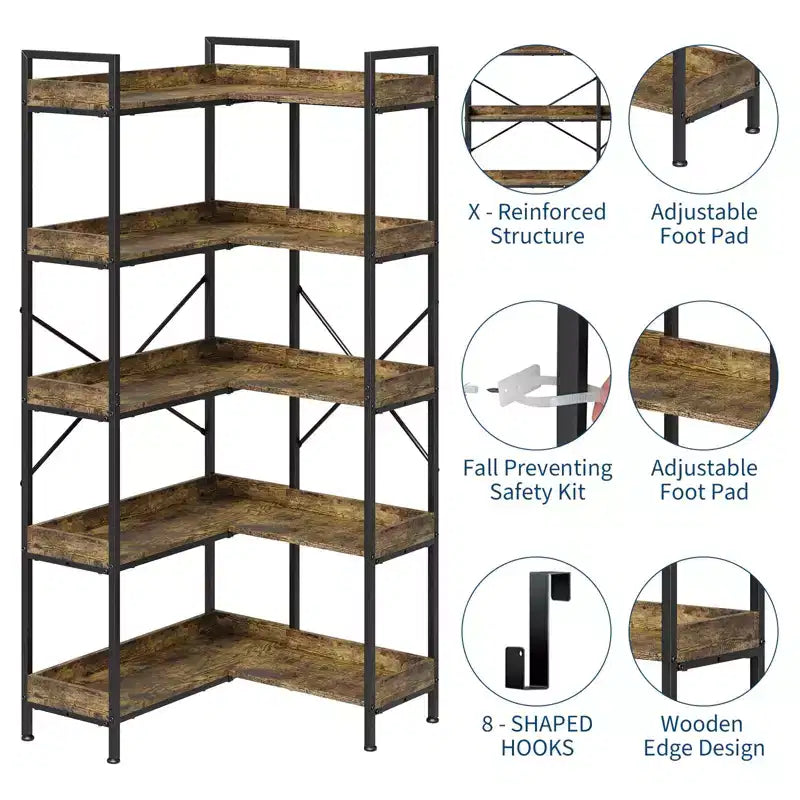 5-Tier Modular Corner Bookshelf with 14 Open Shelves, Steel Frame, 2-in-1 Design