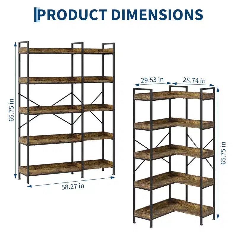 5-Tier Modular Corner Bookshelf with 14 Open Shelves, Steel Frame, 2-in-1 Design