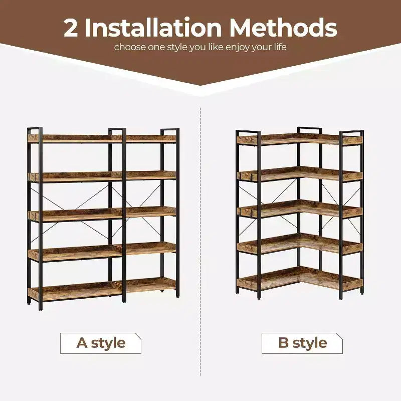 5-Tier Modular Corner Bookshelf with 14 Open Shelves, Steel Frame, 2-in-1 Design