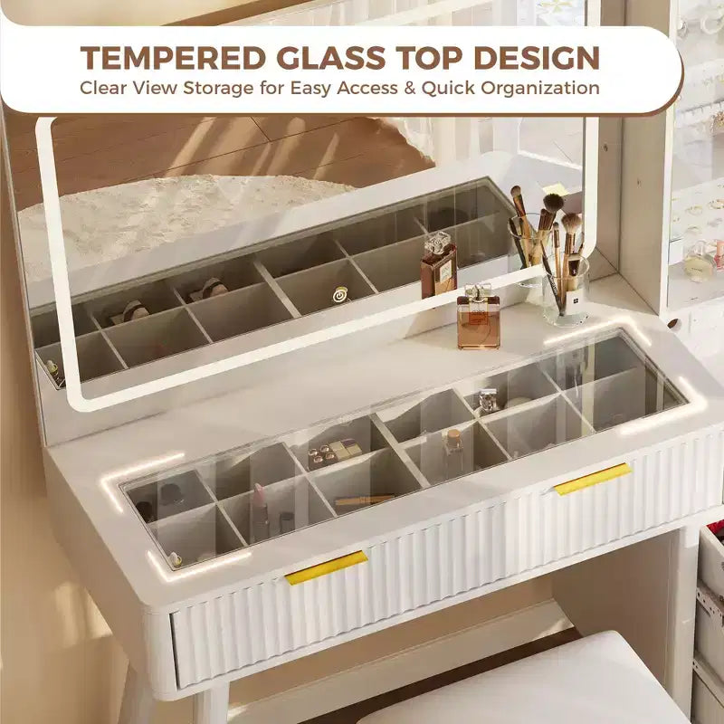 Vanity Desk with LED Mirror, Glass Top, Charging Station and Cushioned Storage Stool, with Jewelry Cabinet