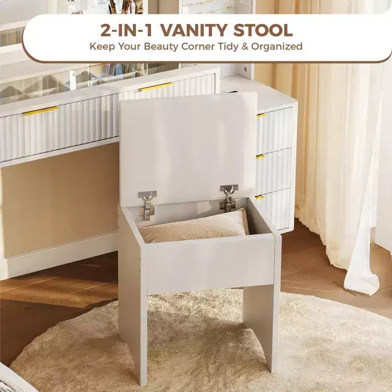 Vanity Desk with LED Mirror, Glass Top, Charging Station and Cushioned Storage Stool, with Jewelry Cabinet