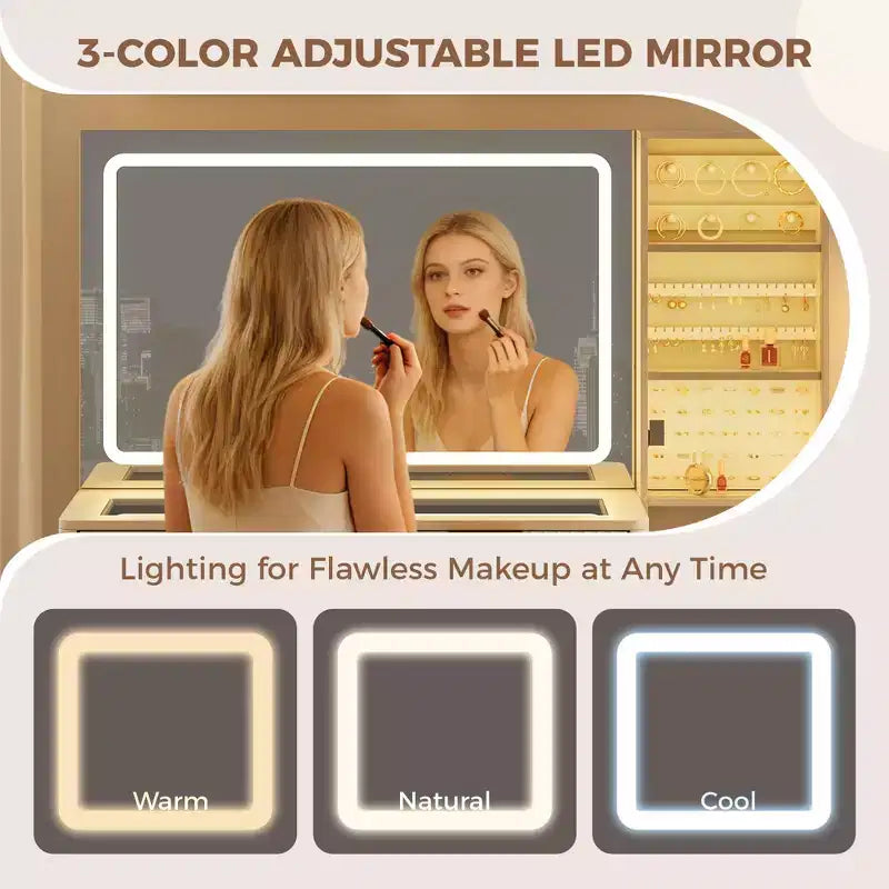Vanity Desk with LED Mirror, Glass Top, Charging Station and Cushioned Storage Stool, with Jewelry Cabinet