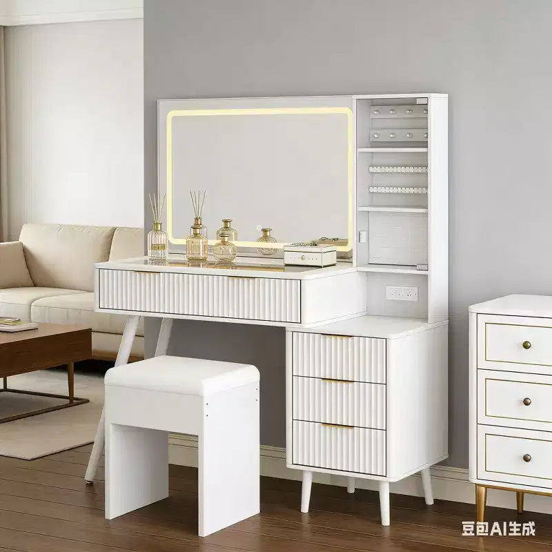 Vanity Desk with LED Mirror, Glass Top, Charging Station and Cushioned Storage Stool, with Jewelry Cabinet