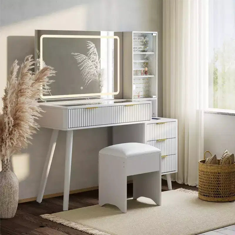 Vanity Desk with LED Mirror, Glass Top, Charging Station and Cushioned Storage Stool, with Jewelry Cabinet
