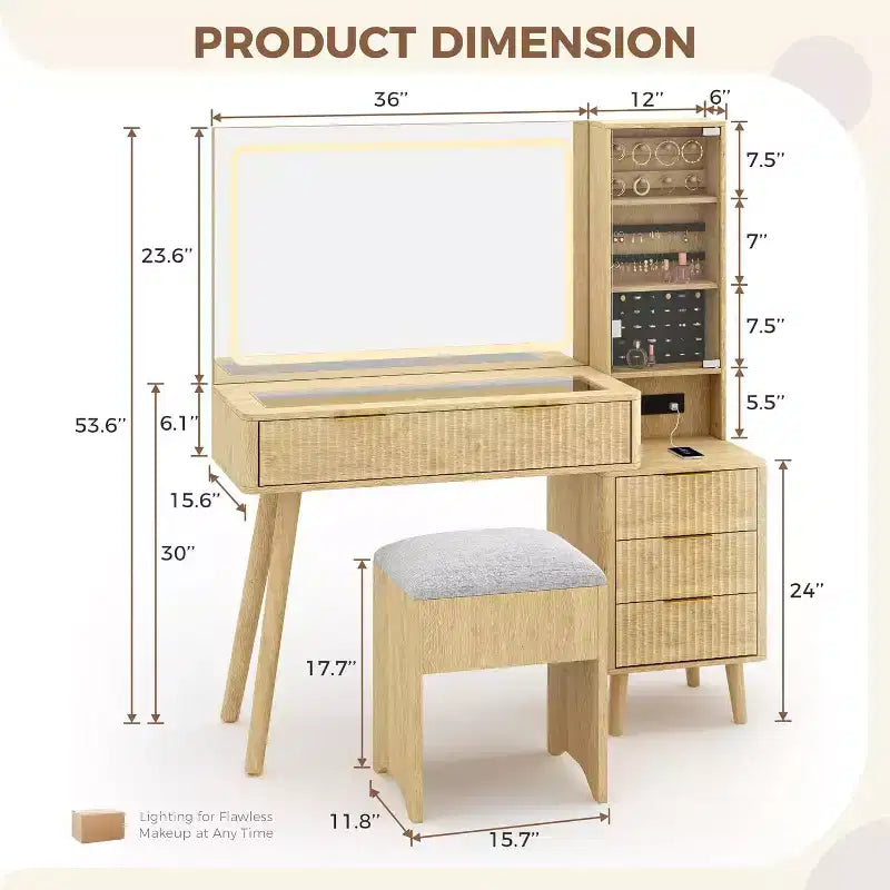 Vanity Desk with LED Mirror, Glass Top, Charging Station and Cushioned Storage Stool, with Jewelry Cabinet