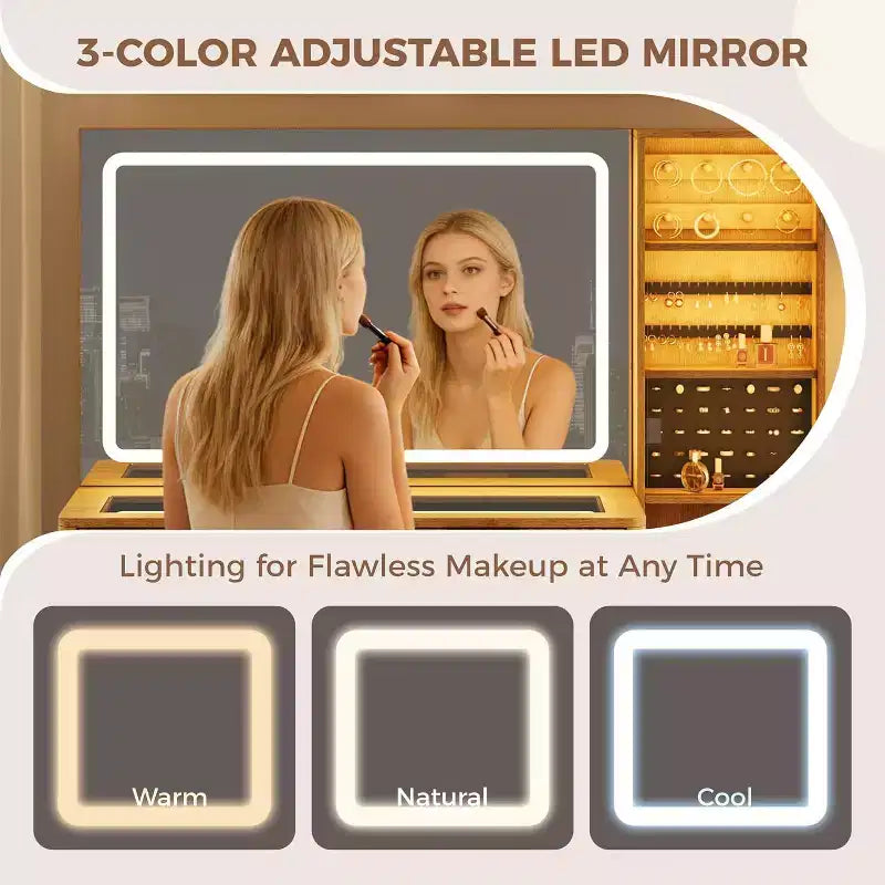Vanity Desk with LED Mirror, Glass Top, Charging Station and Cushioned Storage Stool, with Jewelry Cabinet