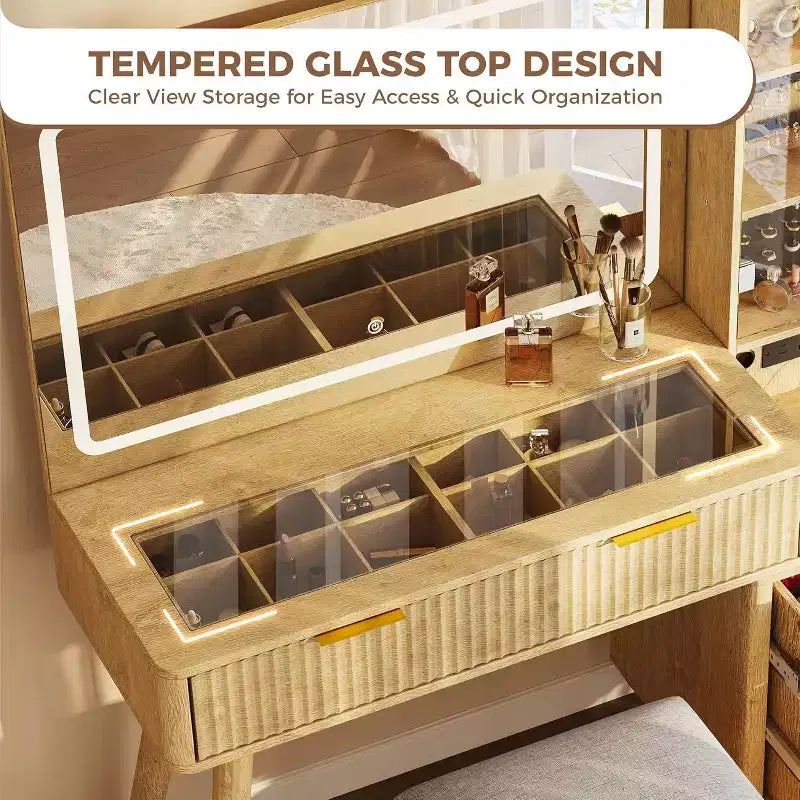 Vanity Desk with LED Mirror, Glass Top, Charging Station and Cushioned Storage Stool, with Jewelry Cabinet