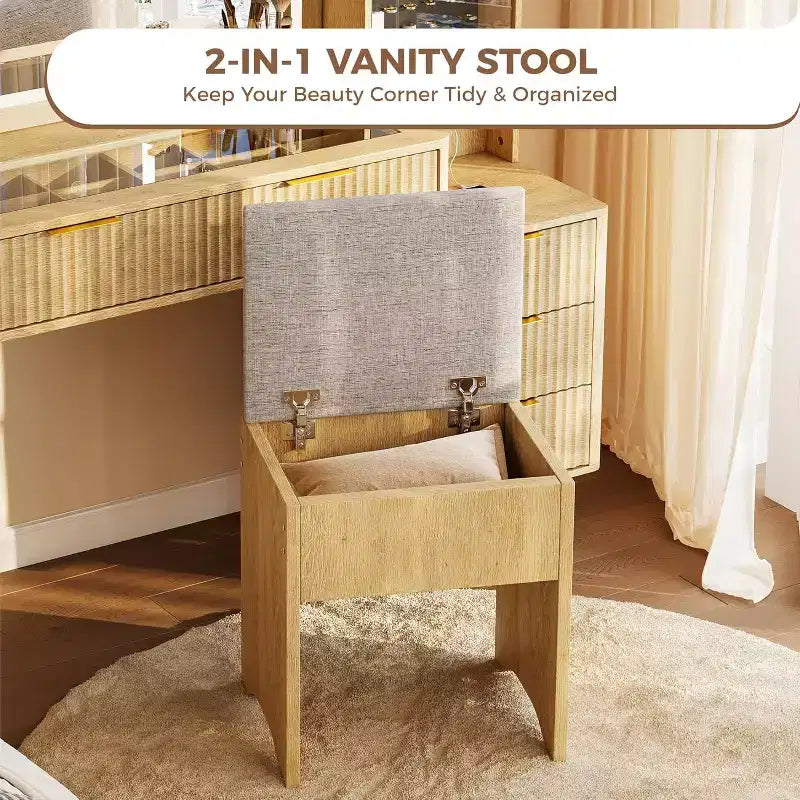 Vanity Desk with LED Mirror, Glass Top, Charging Station and Cushioned Storage Stool, with Jewelry Cabinet